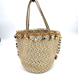 Bohemian Costal Woven Reversible Pom Pom Bag Tote Handbag